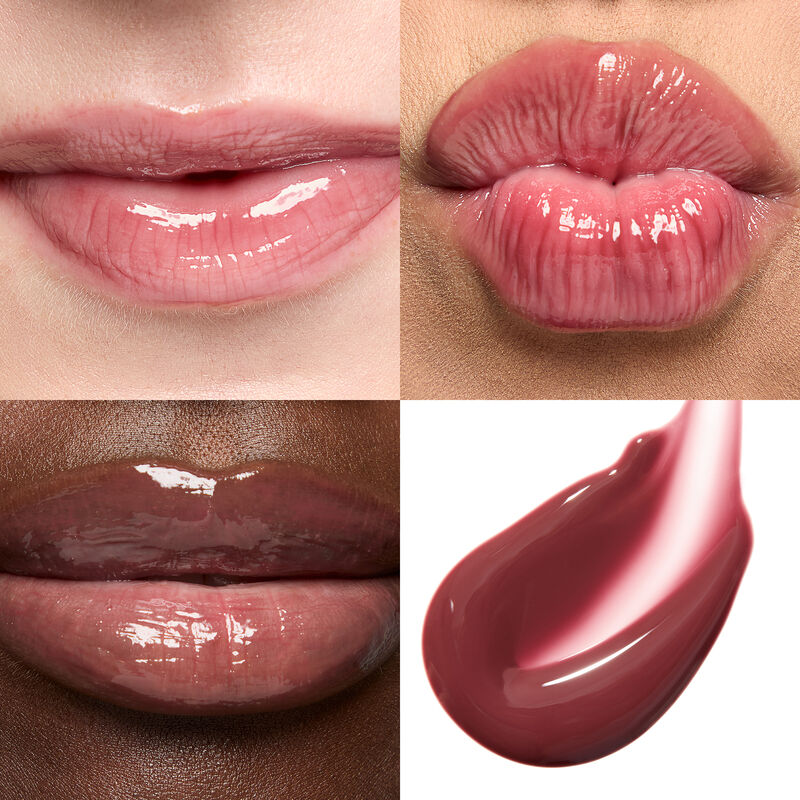 Collage of Mary Kay Tinted Lip Oil in Berry on lips featuring light, medium and deep skin tones as well as blush swipe on white background