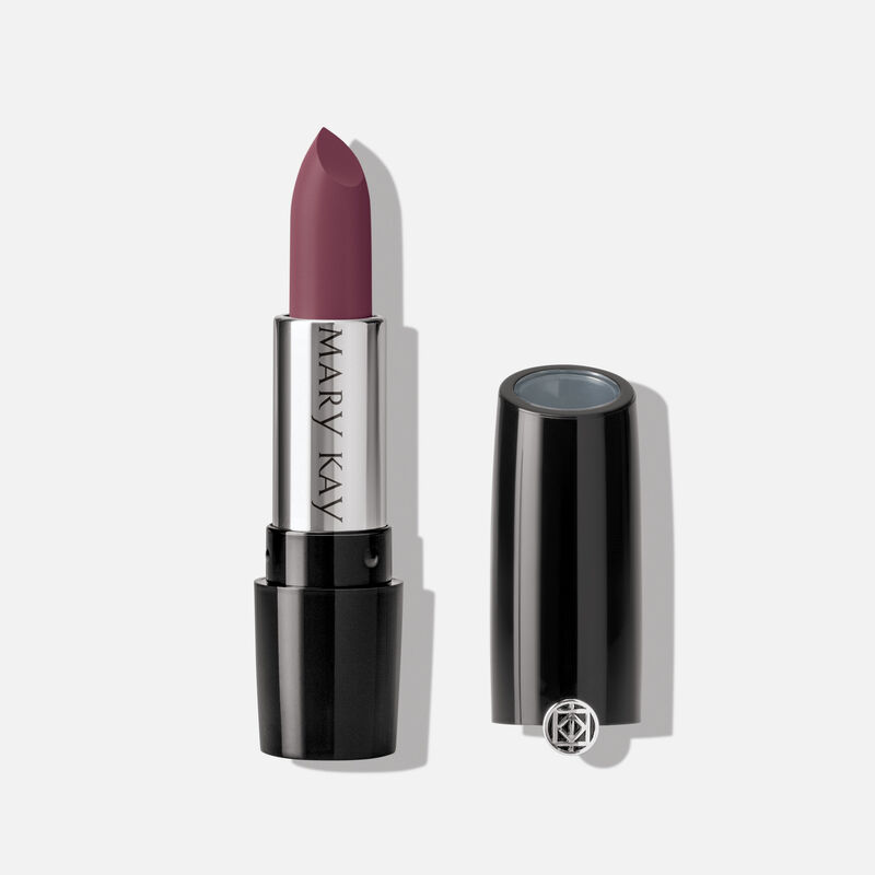 A tube of Mary Kay Gel Semi-Matte Lipstick in the shade Crushed Berry.