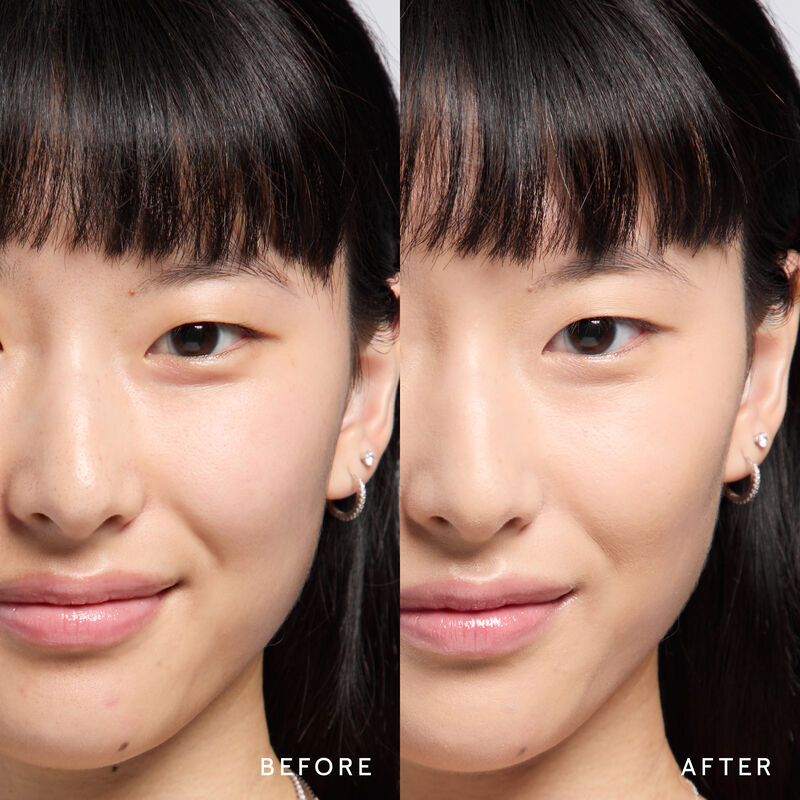 Model before and after showing TimeWise 3D Foundation Matte finish payoff in shade Light 4