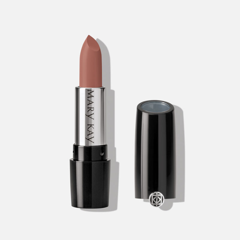 Tube of Mary Kay Gel Semi-Matte Lipstick in shade Rich Truffle with cap off.