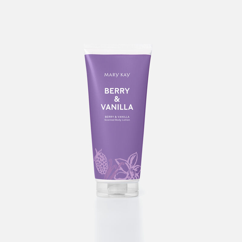 Tube of Mary Kay Body Lotion in Berry and Vanilla scent standing on its cap