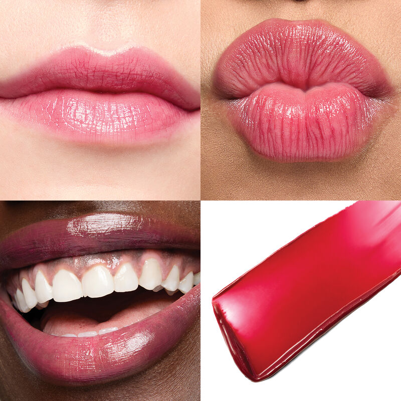 Collage of smiling and kissing lips wearing the limited-edition Mary Kay Tinted Lip Balm in Radiant Pink on light, medium and deep skin tones as well 