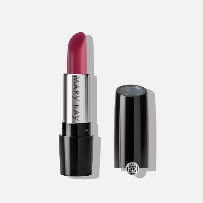 A tube of Mary Kay Gel Semi-Matte Lipstick in the shade Crushed Berry.
