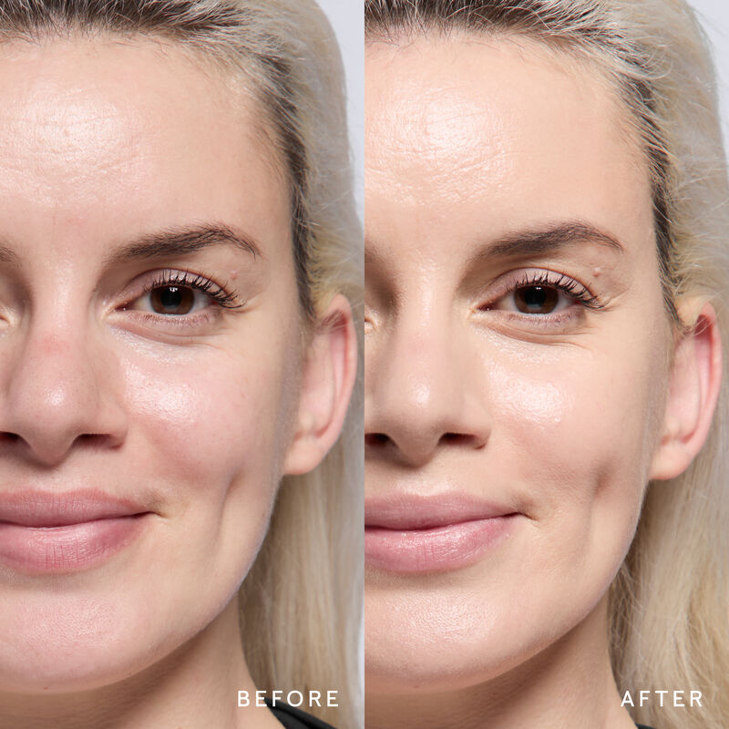 Model before and after showing TimeWise 3D Foundation Luminous finish payoff in shade Light 2